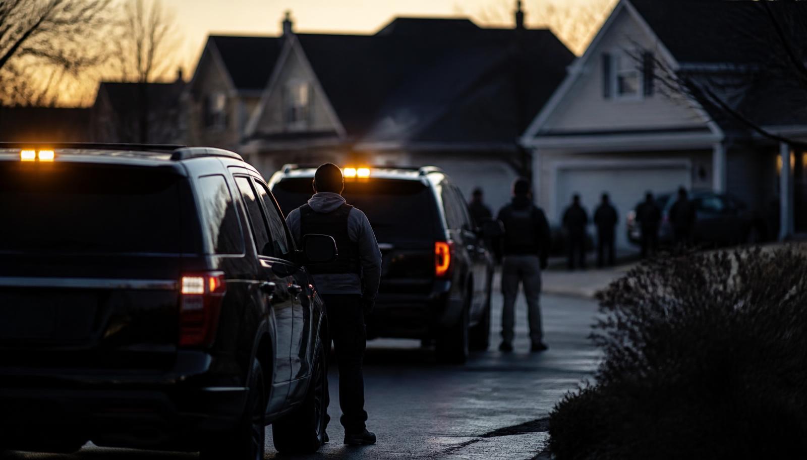 Unmarked federal vehicles and agents on a quiet residential street during an early-morning immigration arrest